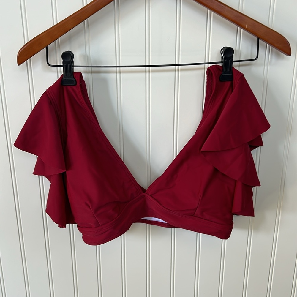 Swim suit two piece never worn color red high waisted bottoms ruffle top cute - Picture 2 of 14